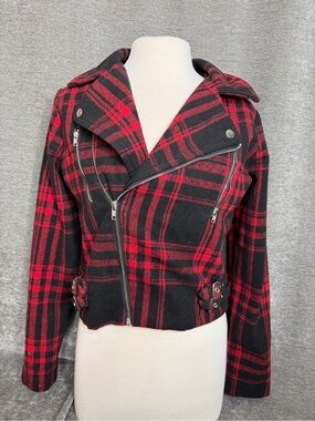 Red & Black Plaid Moto Jacket - Women